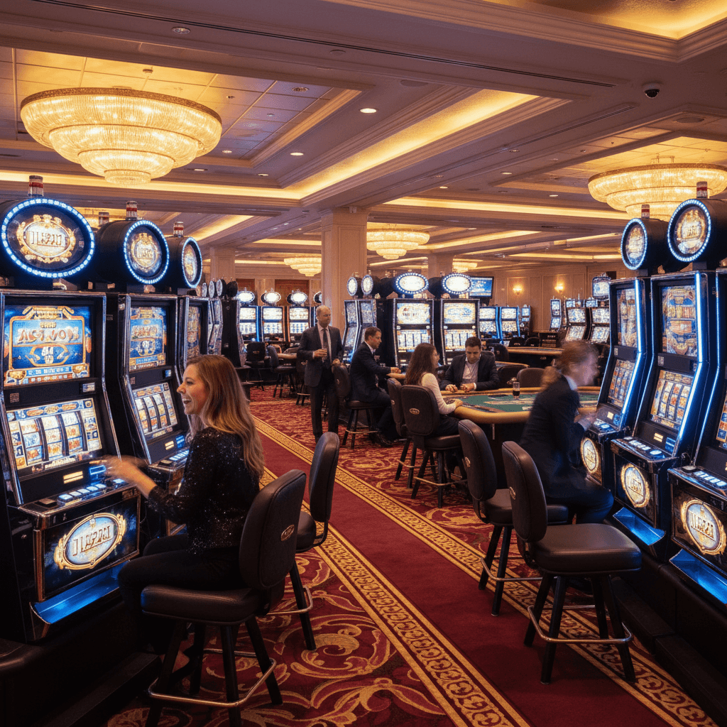 Luxury casino gaming floor with slot machines and table games