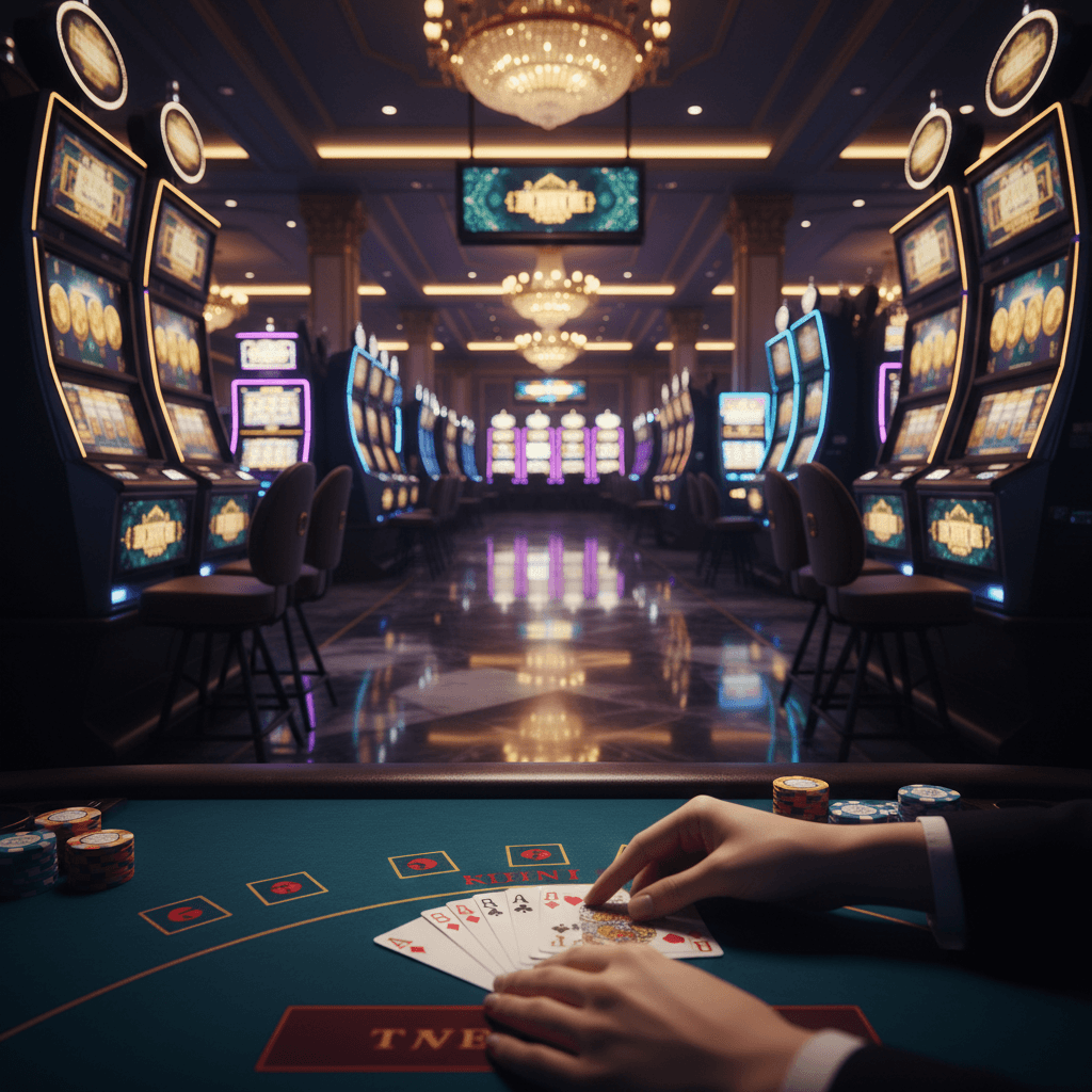 Casino gaming floor with slot machines and blackjack table at night