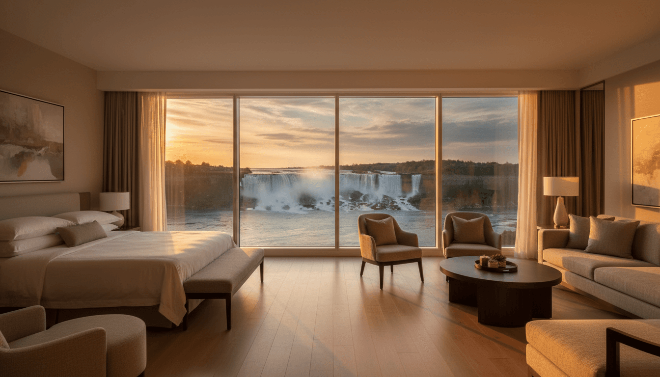 Luxury resort room with Niagara Falls view at sunset